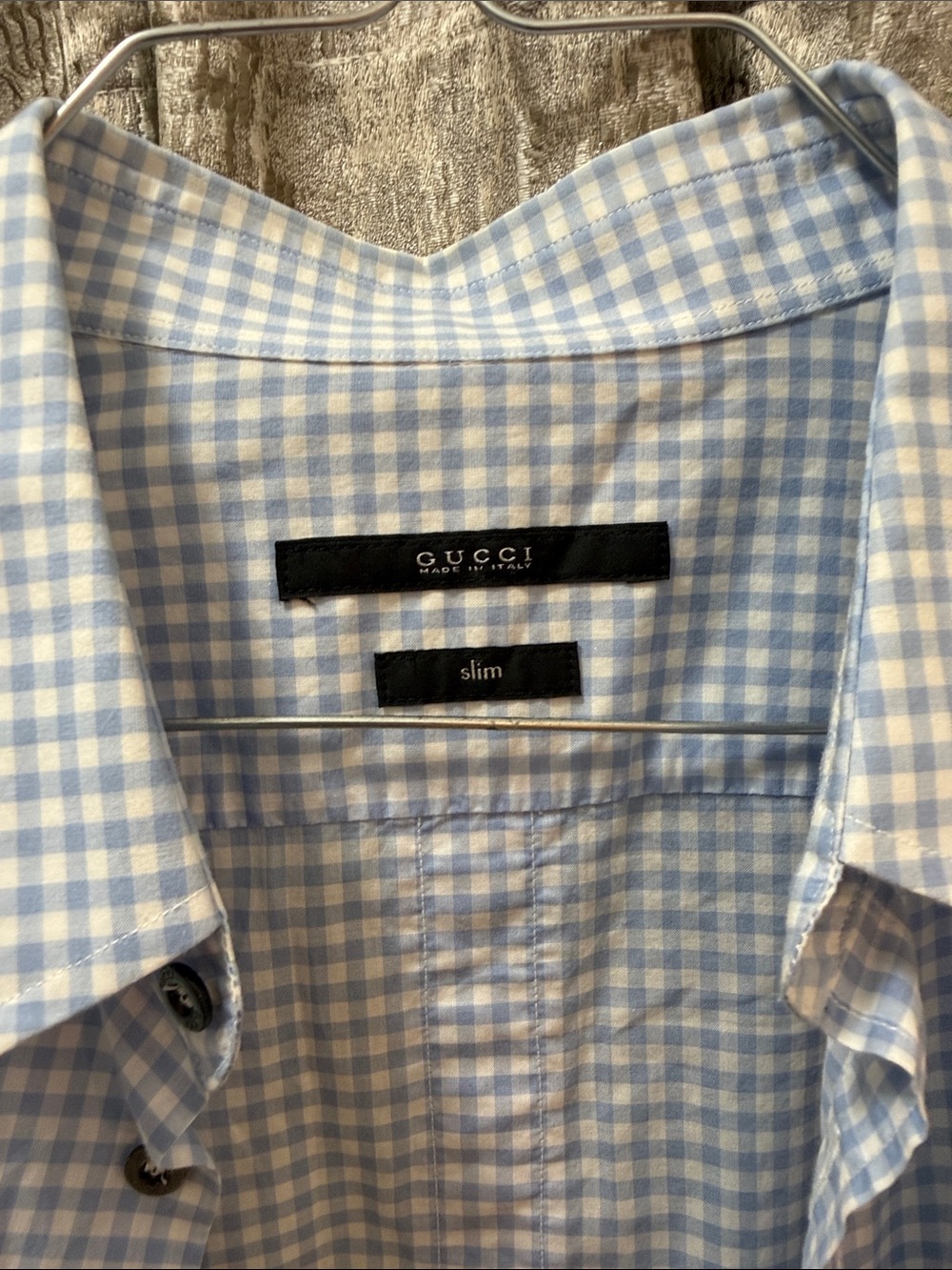 Gucci Light Blue and White Gingham Slim Dress Shirt